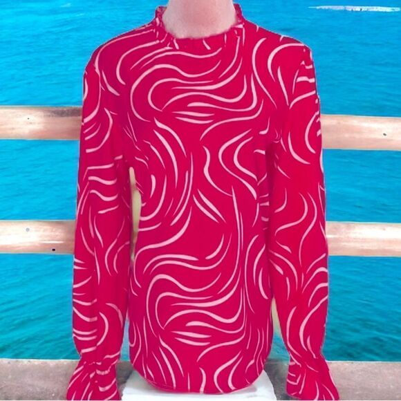 SHEIN NEW HOT PINK LUNE ALLOVER PRINT FLOUNCE SLEEVE FULL NECK BLOUSE TOP LARGE - Picture 4 of 6